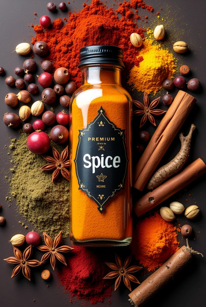 Make a trademark logo for a spice brand including all the raw and geinded spices