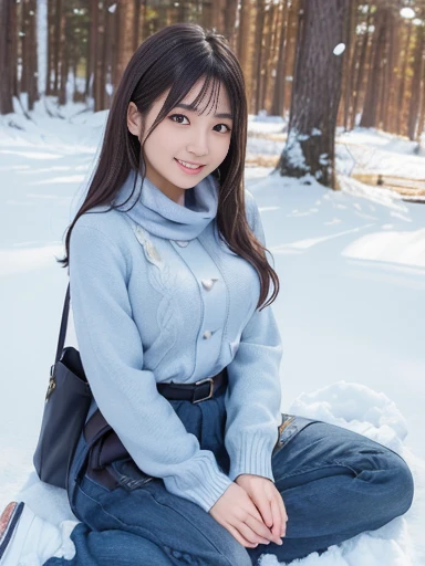 Japanese female, (underweight), (medium bust best quality:1.5), 30 years old, (cheerful grin:1.1),
snow scene, forest, (sitting on the ground), semi long, (bulue long sweater), with Kamakura made of snow, cowboy shot
