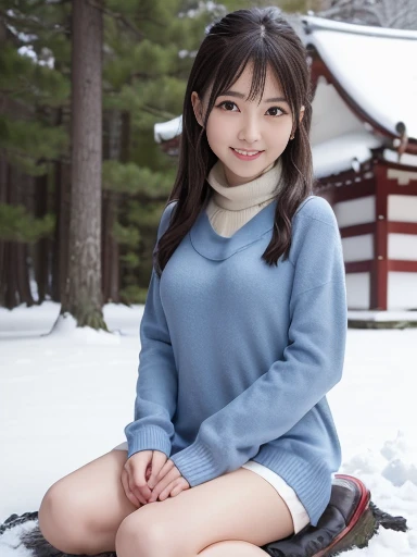 Japanese female, (underweight), (medium bust best quality:1.5), 30 years old, (cheerful grin:1.1),
snow scene, forest, (sitting on the ground), semi long, (bulue long sweater), with Kamakura made of snow, cowboy shot
