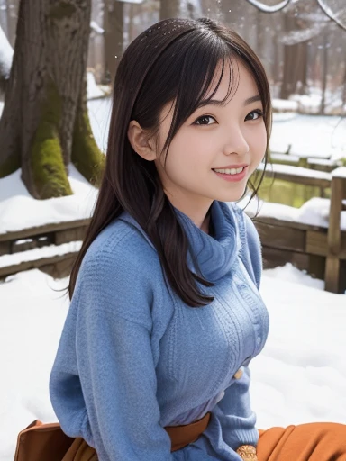 Japanese female, (underweight), (medium bust best quality:1.5), 30 years old, (cheerful grin:1.1),
snow scene, forest, (sitting on the ground), semi long, (bulue long sweater), with Kamakura made of snow, cowboy shot