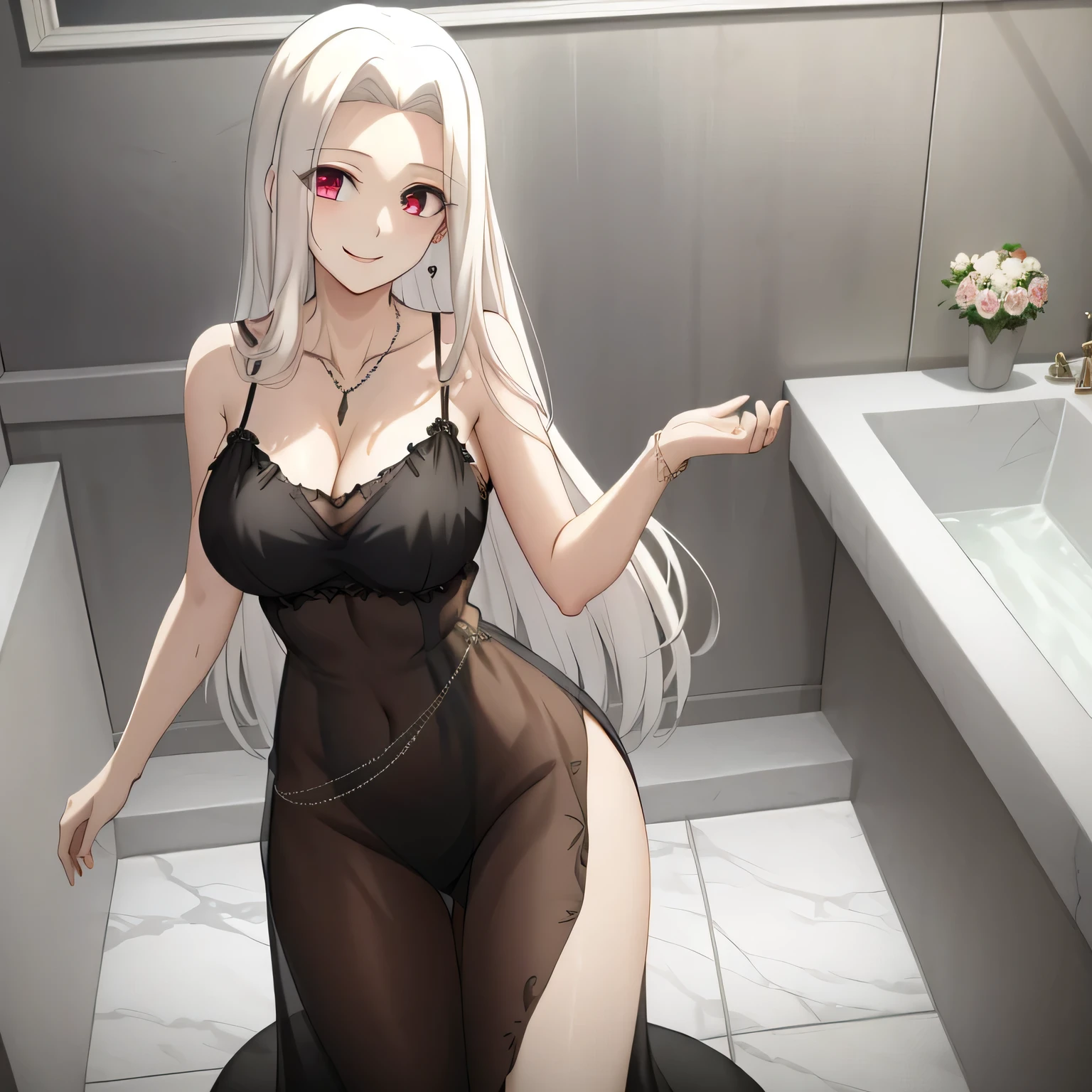 Irisviel,black sheer dress sleeveless,solo,looking at viewer,beautiful smile,arm at side,middle size of breast,beautiful necklace,in beautiful bathroom,wet dress