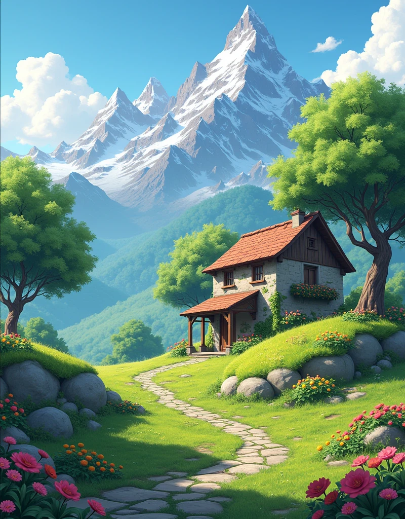Old building with mountains around trees fruits in trees grassy walls grassy land and flowers on land 3d