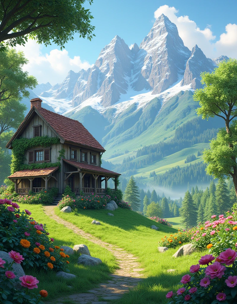 Old building with mountains around trees fruits in trees grassy walls grassy land and flowers on land 3d