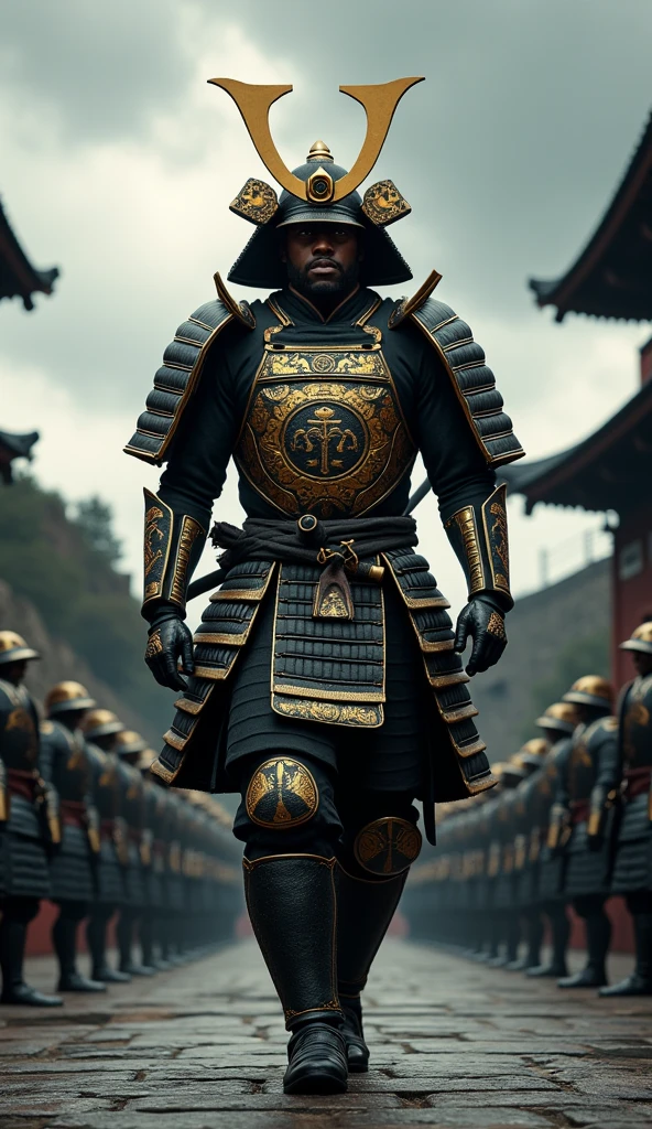 Close-up shot, Low angle shot, (Yasuke “A towering African man over six feet tall, with a muscular build and dark, glistening skin”, stands tall and imposing in full samurai armor, a suit of black and gold with intricate designs that accentuate his muscular build. His helmet is adorned with a fearsome crest, and his expression is one of fierce determination. The background shows a Japanese fortress with high stone walls and watchtowers, soldiers bowing in respect as Yasuke walks past. The sky is overcast, with dark clouds hinting at an impending storm, adding to the dramatic atmosphere. Yasuke’s presence commands attention, his every movement precise and controlled, embodying the spirit of a warrior.) unreal engine, cinematic, hyper-real, highly detailed, Ultra realistic HD --q 2 --v 6.1 --ar 9:16  