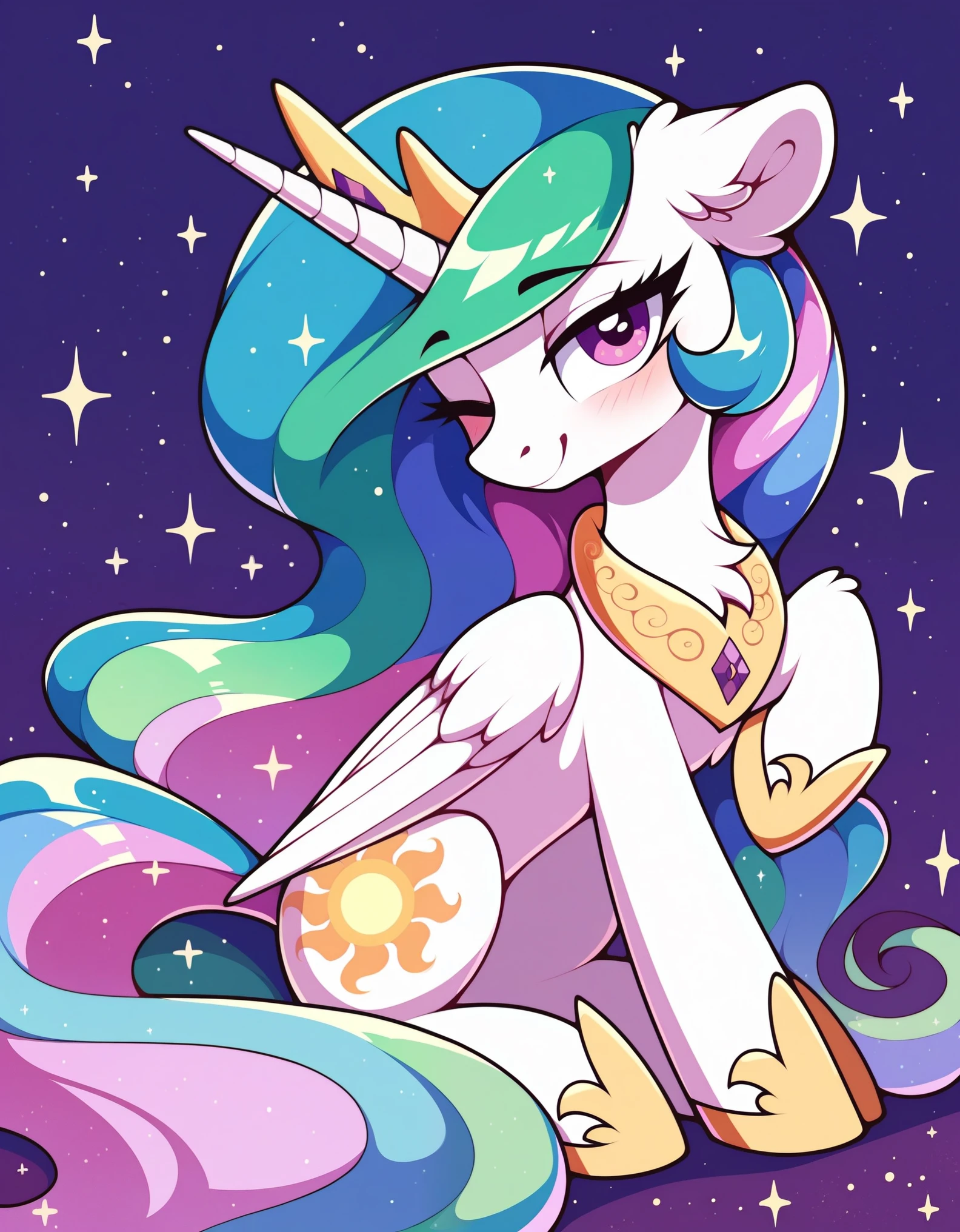 score_9, score_8_up, score_7_up, score_6_up, princess Celestia, alicorn, pony, blushing, chest fluff, cute, female, floppy ears, fluff hoof, lidded eyes, looking at you, mare, sitting, smiling, solo focus, wink, full-length character at screen, , folded wings, looking at you, colored wingtips, regalia