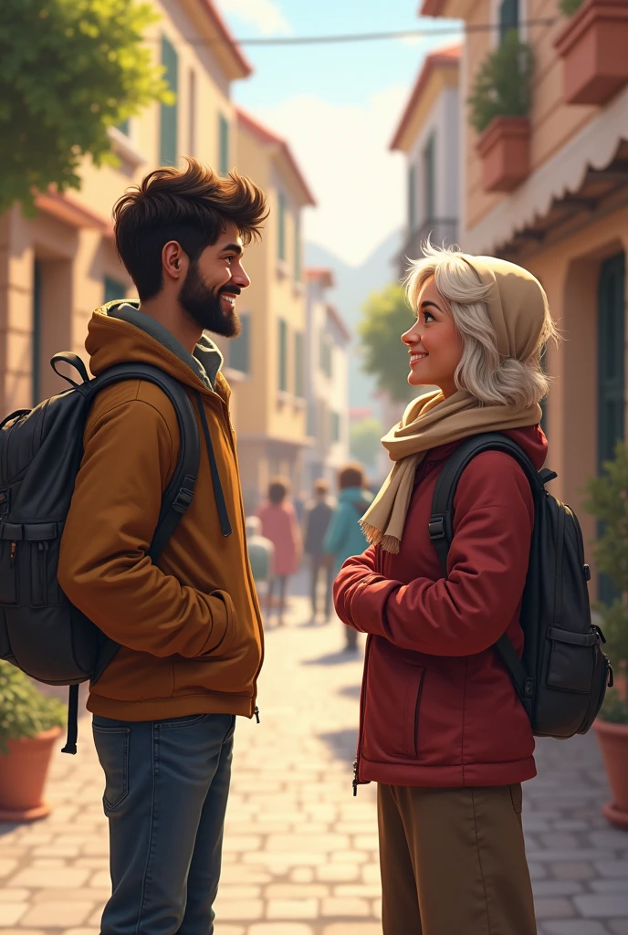 
An image of a traveler chatting with a local on a picturesque street. The traveler is using phrases in the local language, and the local is smiling and responding kindly. The scene conveys a sense of connection and cordiality., with a typical architecture in the background.