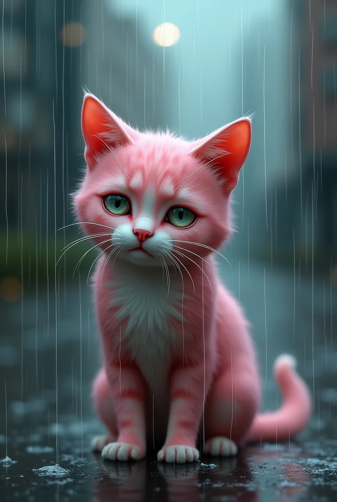 A pink cat crying in the rain