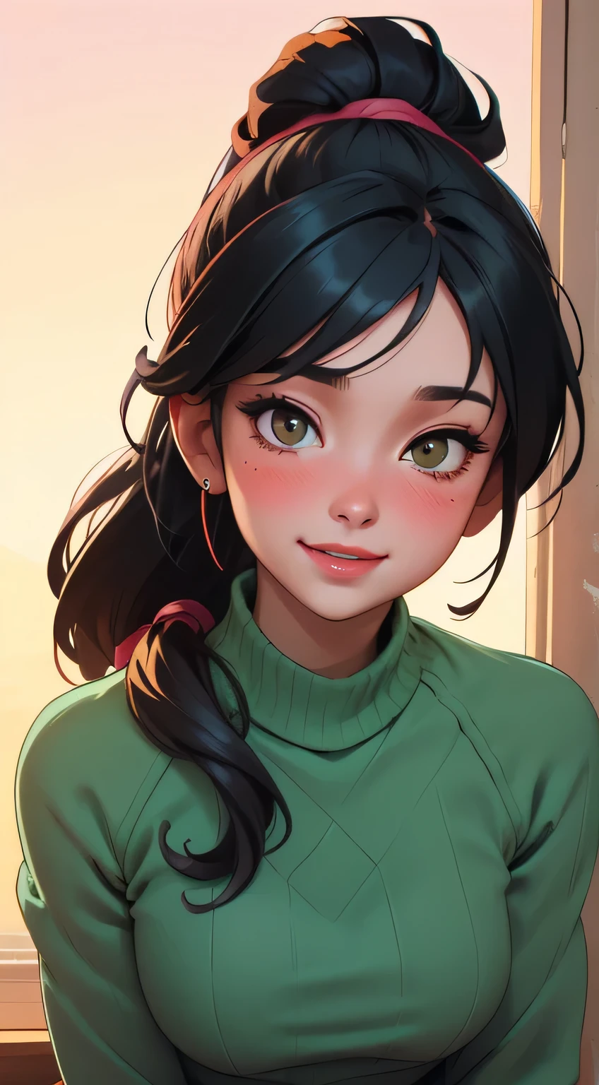 Amazing portrait of a sexy woman wearing her luscious black hair in a cute ponytail, seductively gazing and smiling, soft lips, parted, blushing intensely, smiling, dark green sweater, cream cargo pants, medium chest, perfect body