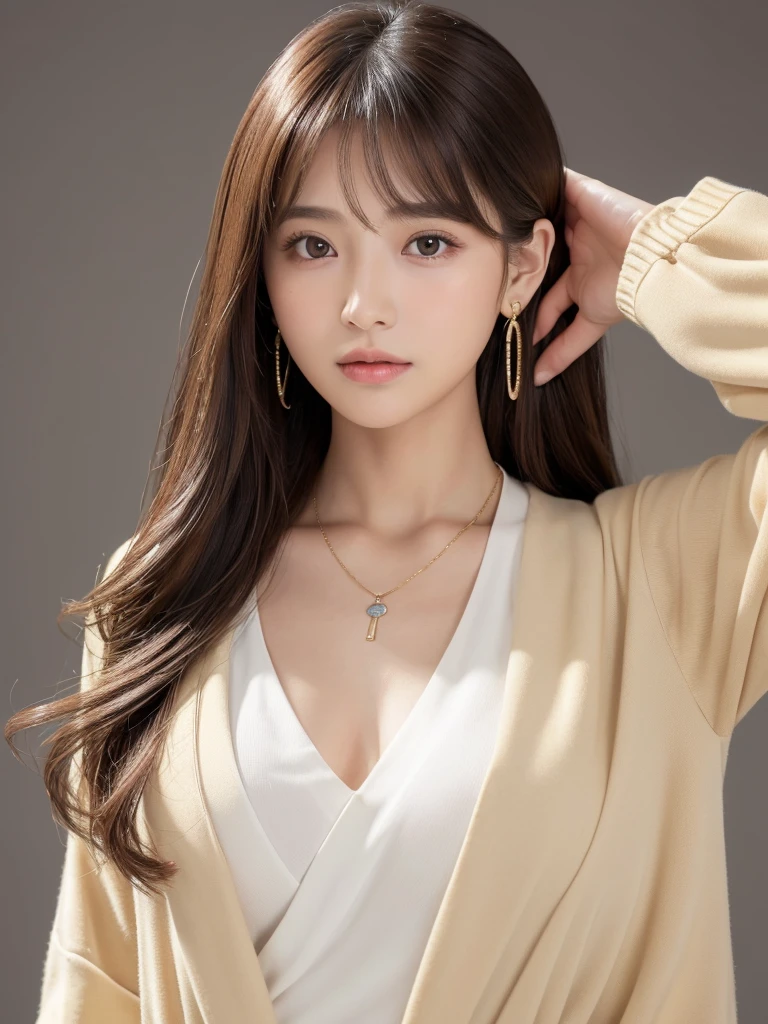  ((Highest quality, 8k, masterpiece:1.3)), concentrate: 1.2, Perfect body beauty: 1.4, Hips: 1.2, ((Long Hair, chest: 1.2)), (Dry clothes: 1.1) , (clear, Simple Background:1.3), Simple clothes: 1.1, Highly detailed face and skin texture,Delicate eyes, double eyelid, Whitened skin, Rough skin、Long Hair、bangs、Simple earrings、necklace、 solo、Beige coat、White shirt,  (((Cute and beautiful Japan)))、  ((Beautiful 20-year-old Japanese))、 ((Baby Face))、 (((Slender body)))、  Upper Body，Face focus、necklace，Simple Background，From above， Realistic Hair、 A photograph was taken:Canon EOS R6、135mm、1/1250 seconds、f2.8、ISO400、(Detailed explanation of the hand)、(Masseter muscle area)、(Exquisite CG)、Long Hair, loose and curly hair、Korean Hair、Long Hair明るいベージュ色、グラデーションハイライトグレージュのゆるふわLong Hairスタイル、