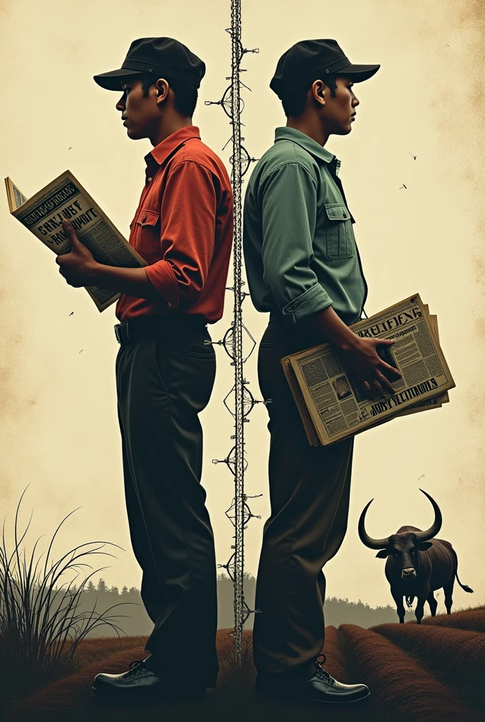 Sure, let's dive deeper into additional visual elements and specific design suggestions that could enhance the book cover of *"My Brother, My Executioner."*
### 1. **Character Representation**
- **Luis Holding a Magazine:** An image of Luis holding or surrounded by magazines, with headlines related to peasant struggles and social issues, could be used to highlight his role as a journalist and intellectual ally to the oppressed.
- **Victor Clutching a Revolutionary Banner or Flag:** This could signify his active participation in the Hukbalahap movement and his rebellious nature. The flag could have a symbolic emblem, like a clenched fist or a star, to represent resistance.
### 2. **Cultural and Historical Motifs**
- **Carabao (Water Buffalo):** This animal is a symbol of the Philippines and rural life, representing the agrarian lifestyle and the connection to the land. A carabao plowing a field could be subtly included to emphasize the novel’s rural backdrop.
- **Balete Tree Silhouette:** The Balete tree, often associated with Filipino folklore and spirituality, could symbolize tradition and the weight of history. It can also represent how the past casts a long shadow over the present, affecting the characters' lives.
- **Katipunan Symbols:** The three K’s of the Katipunan (a secret revolutionary society) or other historical insignias could be subtly integrated into the background or clothing, hinting at the revolutionary themes and historical context.
### 3. **Conflict and Contrast**
- **Barbed Wire and Chains Intertwined:** A visual motif combining barbed wire (representing oppression and control) and chains breaking (symbolizing freedom) could be used to signify the central conflict and the theme of liberation.
- **A Torn Family Photo:** A photograph torn in half, with one side showing Luis and the other Victor, could symbolize their estrangement and the division caused by their conflicting ideologies.
- **Broken Mirrors:** Incorporate