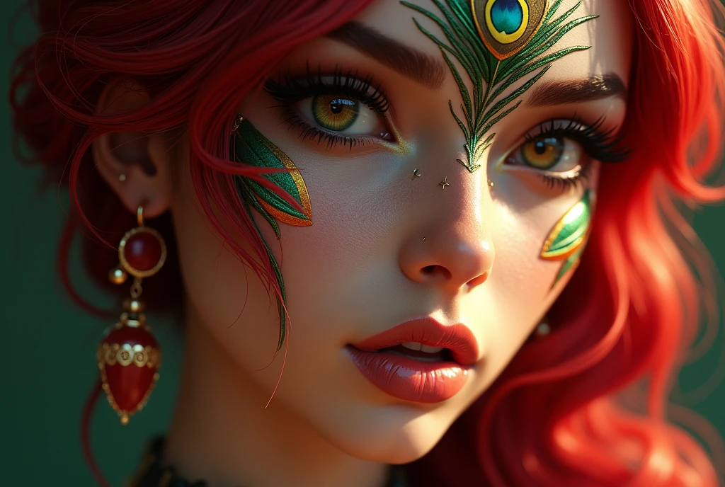 tanned lady white skin lady red green tattoos on face red green hairs mark facial jewelry peacock feather PERFECT MASTERPIECE, EXTREMELY DETAILED CG UNITY 32K UHD QUALITY RESOLUTION WALLPAPER, PHOTOREALISTIC, RAW PHOTO, PERFECT PHOTOGENIC CLARITY, OFFICIAL ART, AWARD-WINNING PORTRAIT, ULTRA HYPER-REALISTIC, ULTRA HYPER-DETAILED, SHINY REALISTIC SKIN, RAY TRACING, UNREAL ENGINE 5.8K, GLOWING AMBIENT LIGHT cyberpunk, Arabian girl face portrait anime lips bite mouth tongue