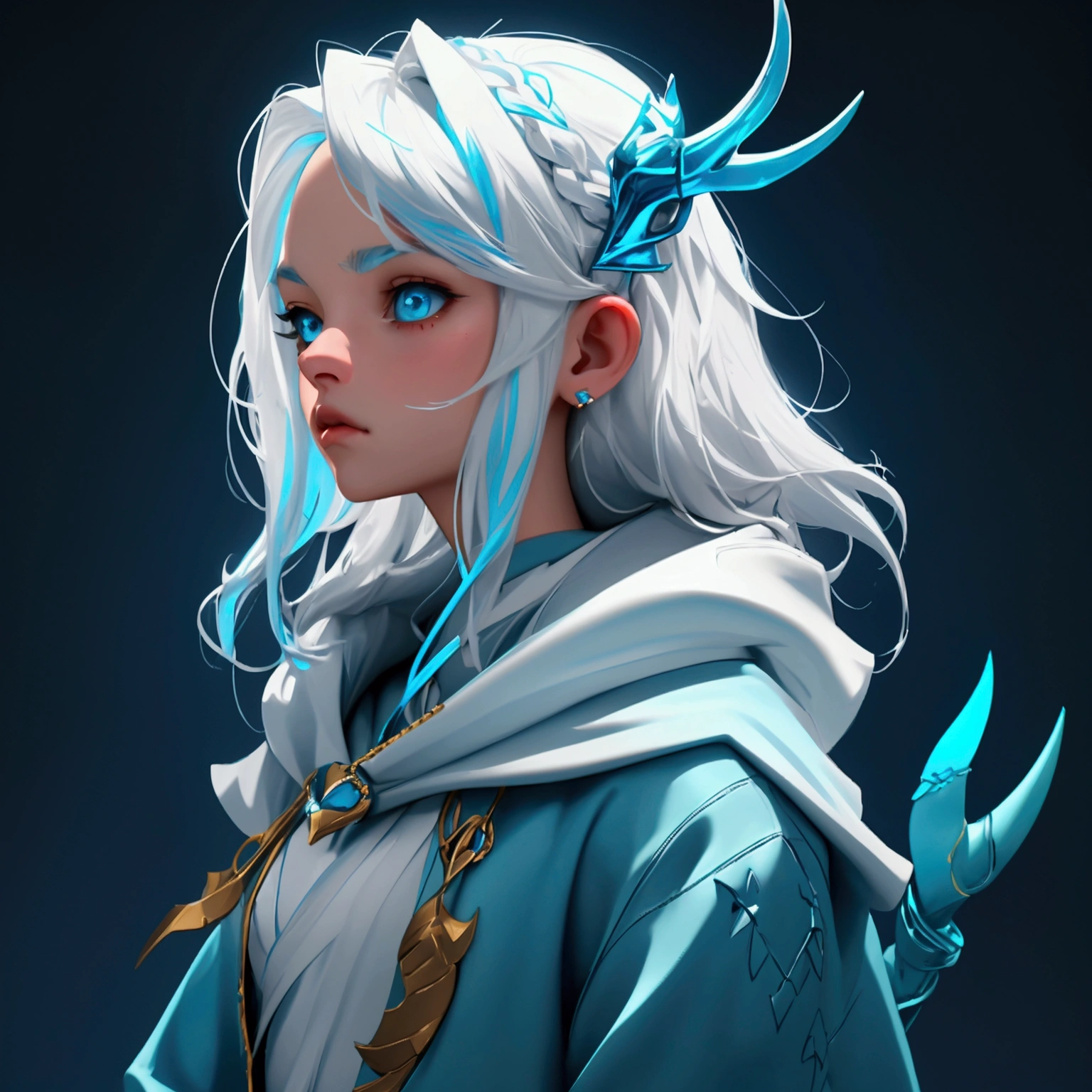envision a 8k, highres, cinematic, close up portrait of an Atlantean girl named Gawr Gura with shoulder length white hair with blue highlights in a blue shark hoodie holding Poseidon's trident against a dark gray background