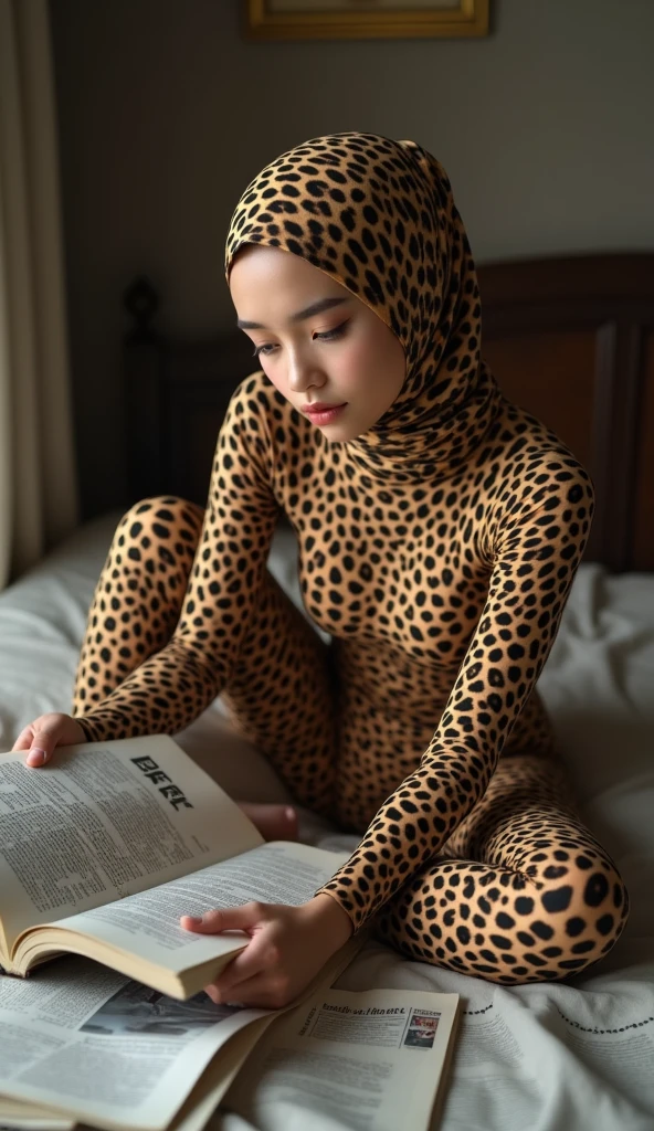 The most beautiful,thin,most pretty and clever Asian muslimah adult girl wears clouded leopard lycra turtleneck unitard catsuit covered with spots.She always wear clouded leopard print lycra dancewear stretchy square hijab covered with many spots.She reads a lot of newspapers on the bed.