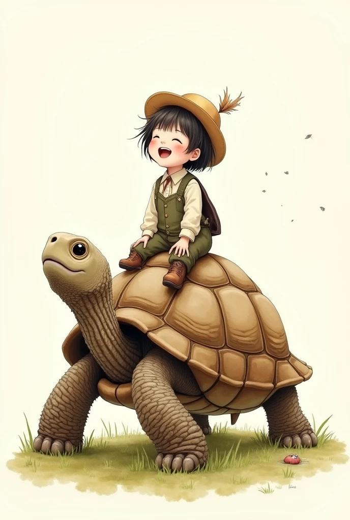 A watercolor illustration of a joyful riding atop a massive, steadfast tortoise. Both the child and the tortoise are wearing vintage-style clothing. The child has a radiant smile, and the tortoise's unwavering loyalty creates a delightful atmosphere of innocence and devotion. The minimalist landscape provides a grounded reality. The artwork is inspired by Damien Hirst, Quentin Blake, and Alberto Vargas, seamlessly blending dark fantasy and anime elements. The muted, neutral color palette and soft lighting envelop the scene in an enchanting aura, reflecting the boundless imagination of childhood.