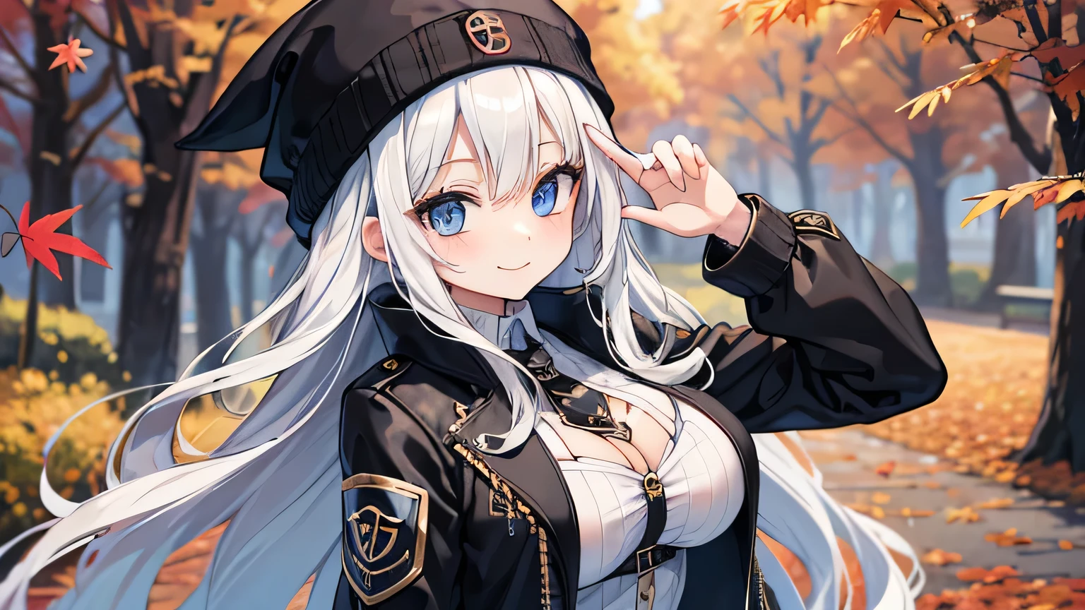 masterpiece, high quality, A pretty woman, Long hair, wavy hair, White hair, blue eyes, smiling face, big breasts, juicy breasts, Open shirt, short skirt, black jacket, black beanie hat, Whole body, Autumn season, auto Bugatti Chiron