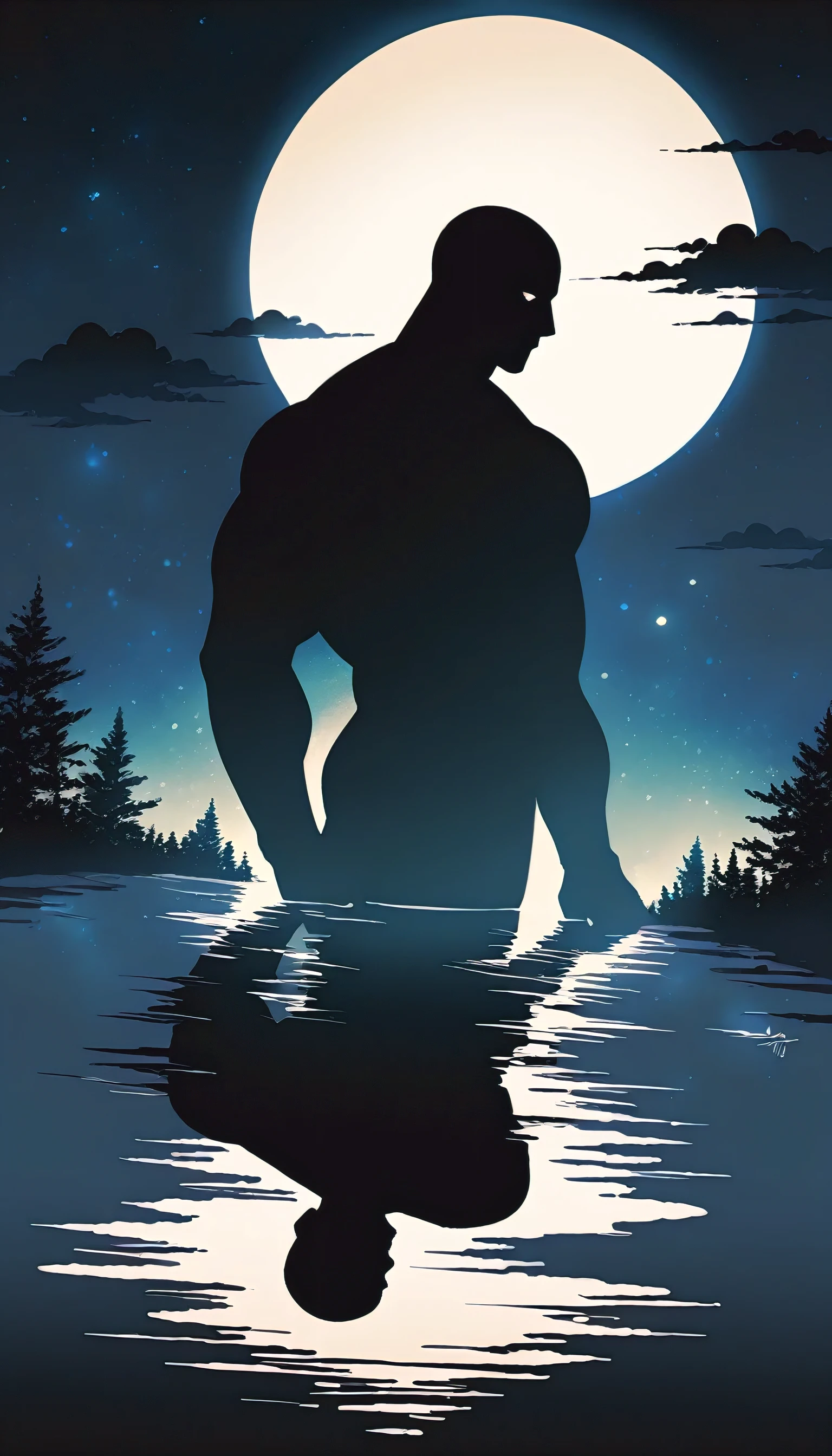 A Strong Buddhist muscular man stands in the smoke, Black jumpsuit, Very tight, Silhouette effect, Tall muscular man, Priapus, Dark Black, Dark black skin, Buzz Cut, His muscles are very developed, Very tall, short hair, Blend into the smoke, Lake, Reflection, Stars, moonlight, Big Moon, Man silhouette, Chinese, black and white, Simple style
