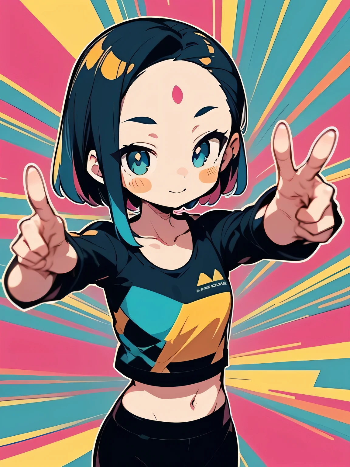looking at viewer,((dancing pose:1.3)),seiza,upperbody,hightquality、((Kawaii 2Girls))、Colorful color palette、high-level image quality、(big forehead),long thin ponytail,(sports bra),Unprecedented amount of drawing、anime styled、Geometric pattern background、front facing、sticker style