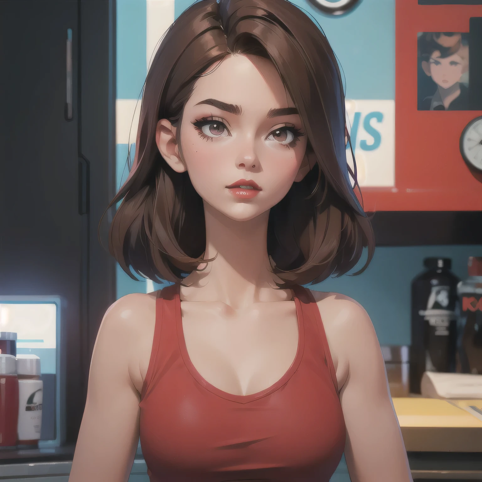 Sexy woman, short brown hair, middle part, lots of makeup, perfect red lips, loose blue tank top, black short shorts