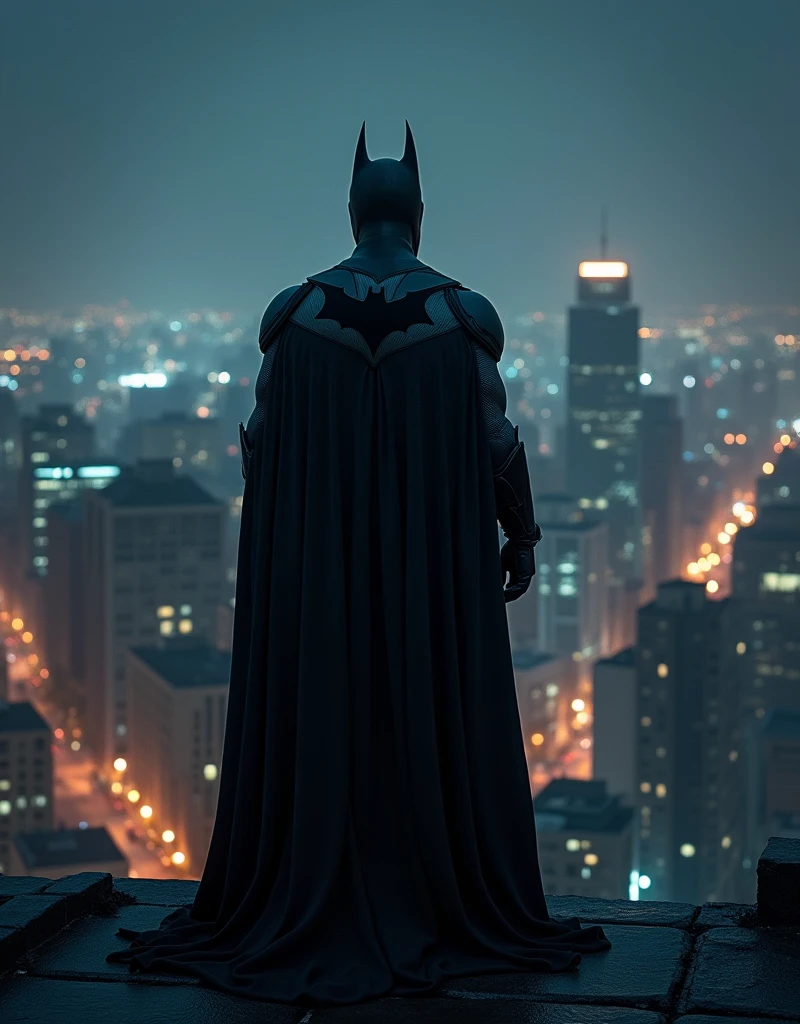 ((masterpiece, highest quality, High resolution, Realistic, to be born, 8k wallpaper)), (Huge and stunning goddess shot, Very hot and sexy, Amazing beauty, Perfect balance, Beautiful body, Slim body beauty: 1.4), Batman standing on a rooftop overlooking the city skyline at night, Gotham city background, nighttime in Gotham city, Gotham city, From the movie Batman, Gotham city double exposure, Gotham city style, Batman film still, metropolis filmic Gotham city, Cyberpunk Batman, Batman movie stills, Batman movie still cinematic, Gotham setting, Batman, Gotham,