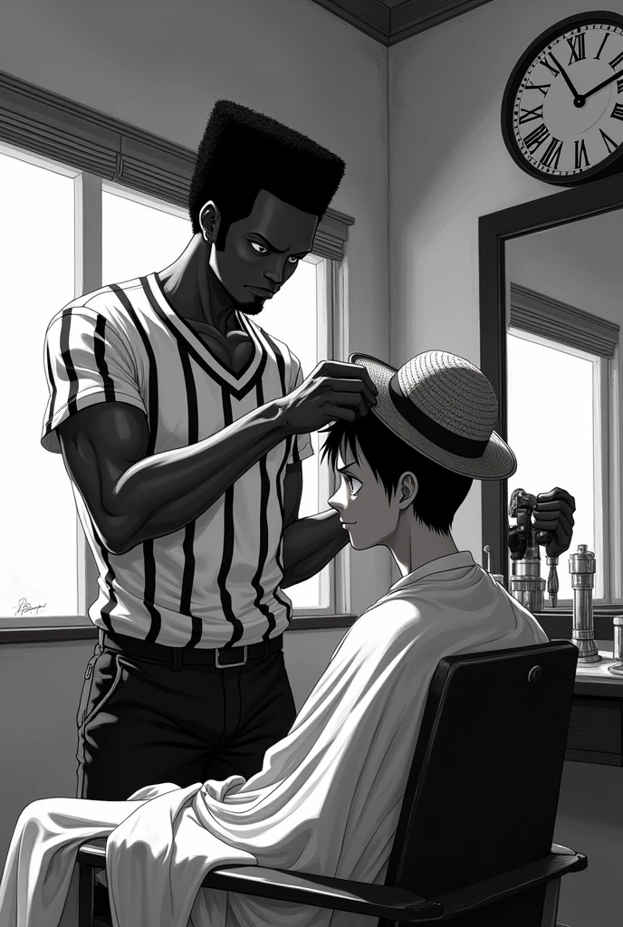 A black barber with square hair and no beard in a black and white shirt cutting Luffy&#39;s hair with the straw hat from One Piece