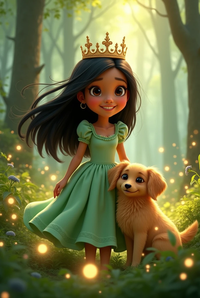 Medium skin tone girl with black hair , dark eyes , beautiful smile.with a golden retriever dog. Repesentavion pixar, large light green dress ,spongy ,with a crown, in a forest with fireflies