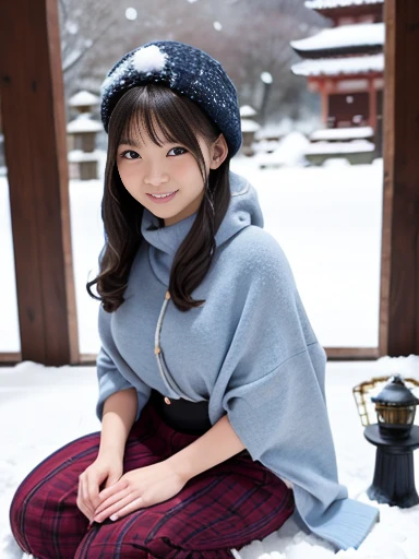 Japanese female, (underweight), (medium bust best quality:1.5), 30 years old, (cheerful grin:1.1),
snow scene, forest, (sitting on the ground), semi long, (bulue long sweater), (with Kamakura made of snow:1.5), cowboy shot