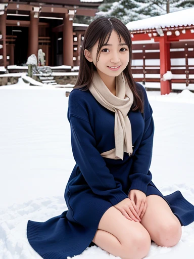 Japanese female, (underweight), (medium bust best quality:1.5), 30 years old, (cheerful grin:1.1),
snow scene, forest, (sitting on the ground), semi long, (bulue long sweater), (with Kamakura made of snow:1.5), cowboy shot