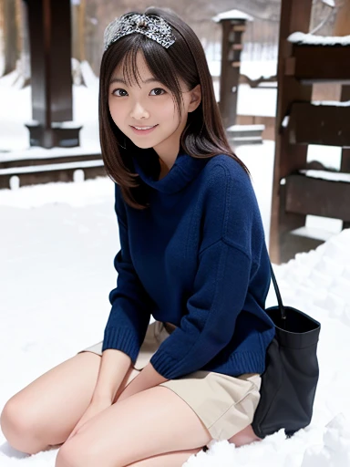 Japanese female, (underweight), (medium bust best quality:1.5), 30 years old, (cheerful grin:1.1),
snow scene, forest, (sitting on the ground), semi long, (bulue long sweater), (with Kamakura made of snow:1.5), cowboy shot