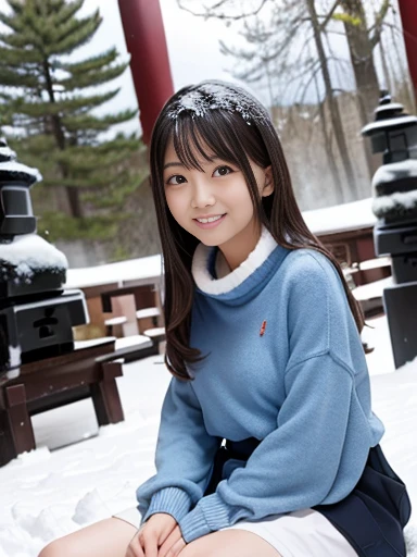 Japanese female, (underweight), (medium bust best quality:1.5), 30 years old, (cheerful grin:1.1),
snow scene, forest, (sitting on the ground), semi long, (bulue long sweater), (with Kamakura made of snow:1.5), cowboy shot