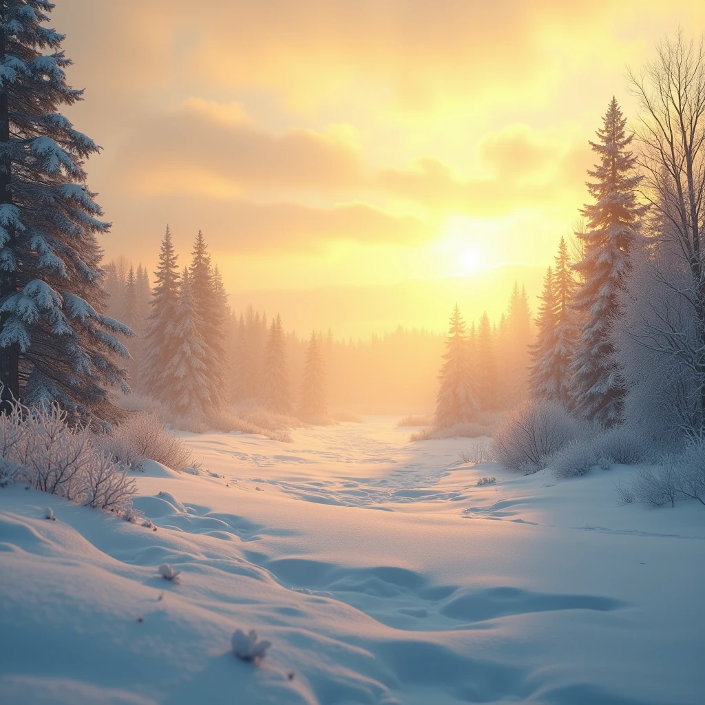 (Snow Scenery), Under the warm winter sun, a vast snowfield is illuminated, with golden sunlight contrasting with the pure white of the snow. Trees in the distance are covered in snow, forming black silhouettes. The colors are mainly warm yellow and cool white, with soft light and shadow. The details are reflected in the contours of the trees and the textures on the snow. Beautiful cinematic lighting, surreal, color graded, dynamic movement, captivating chiaroscuro, (special effects:0.1), full body, award-winning, cinematic still, emotional, vignette, dynamic, vivid, (masterpiece, best quality, photorealistic, Professional, perfect composition, very aesthetic, absurdres, ultra-detailed, intricate details:1.3)