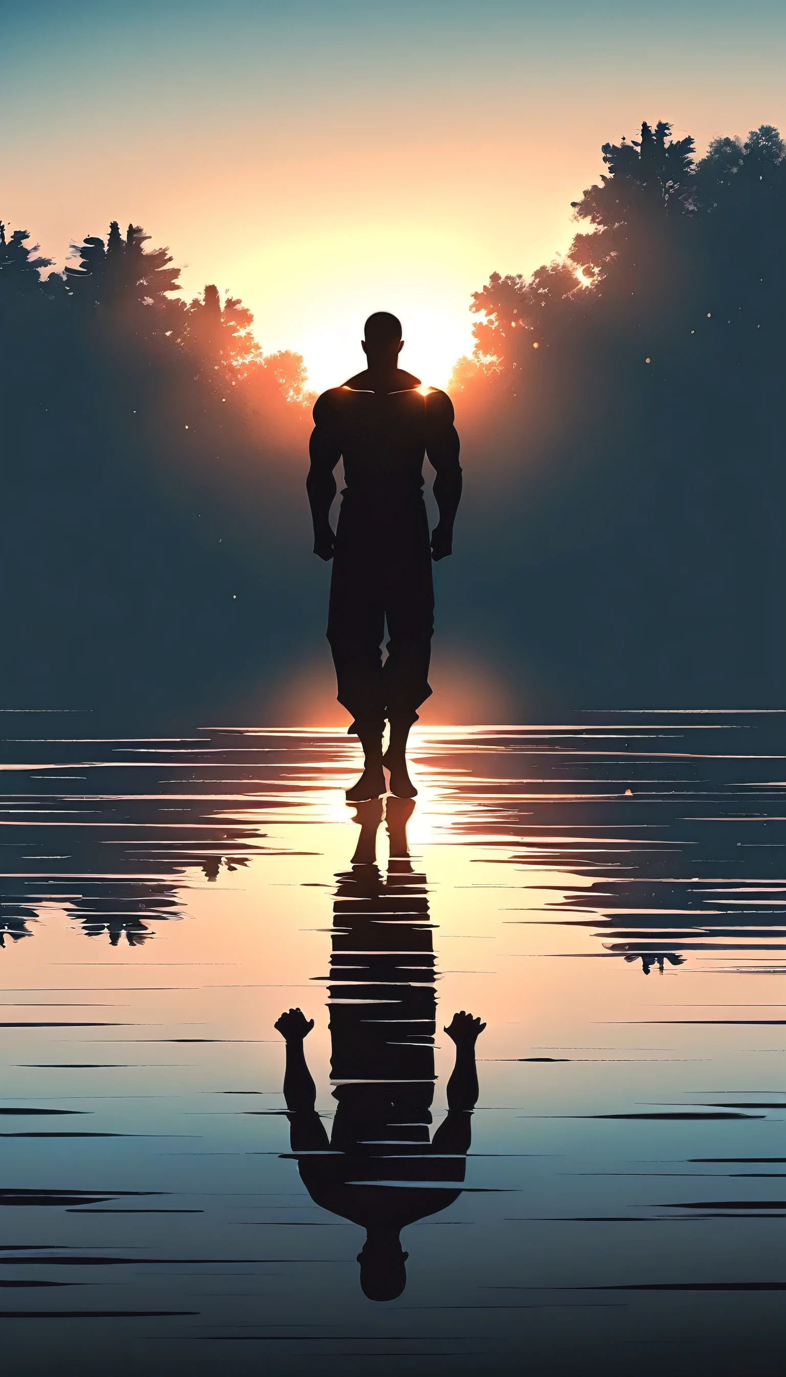 A Strong Buddhist muscular man stands in the smoke, Black jumpsuit, Very tight, Silhouette effect, Tall muscular man, Priapus, Dark Black, Dark black skin, Buzz Cut, His muscles are very developed, Very tall, short hair, Blend into the smoke, Lake, Reflection, Sunset, Sunset, Man silhouette, Chinese, black and white, Simple style