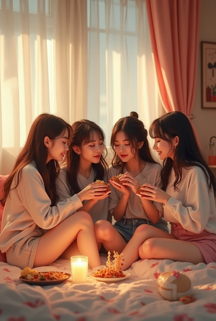 The 4 girl kpop idol bring in bed and eating some food