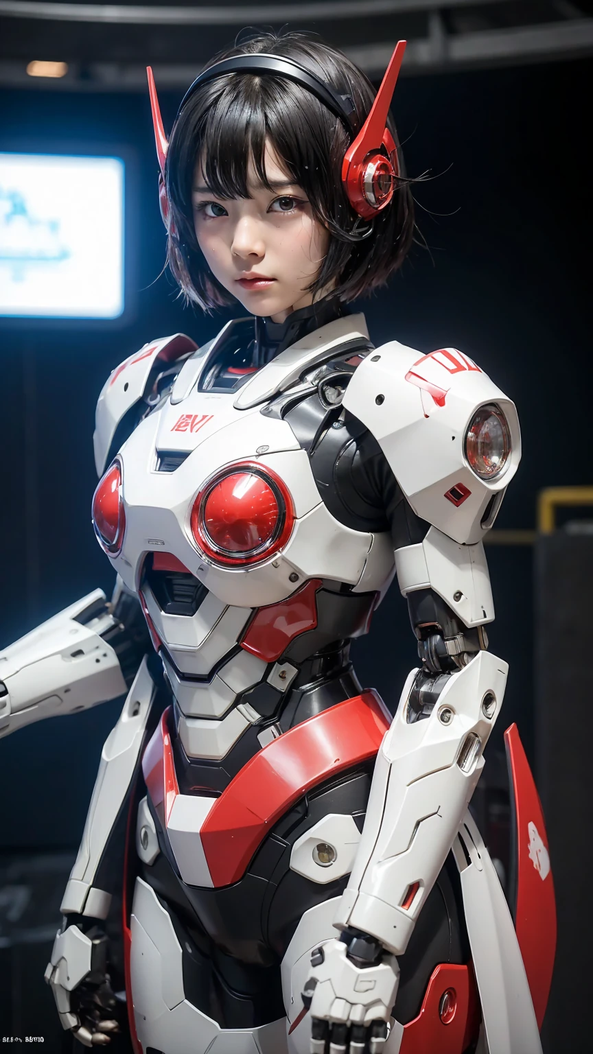 最high quality非常に詳細, Advanced Details, high quality, 最high quality, High resolution, 1080P, hard disk, beautiful,(War Machine),(headgear),See the big picture,beautifulサイボーグ女性,Mecha Cyborg Girl,BATTLE MODE,Mecha Body Girl　8k 　Elementary school girl　Sweaty face　cute　short hair　boyish　Steam coming from the head　My hair is wet with sweat　Black Hair