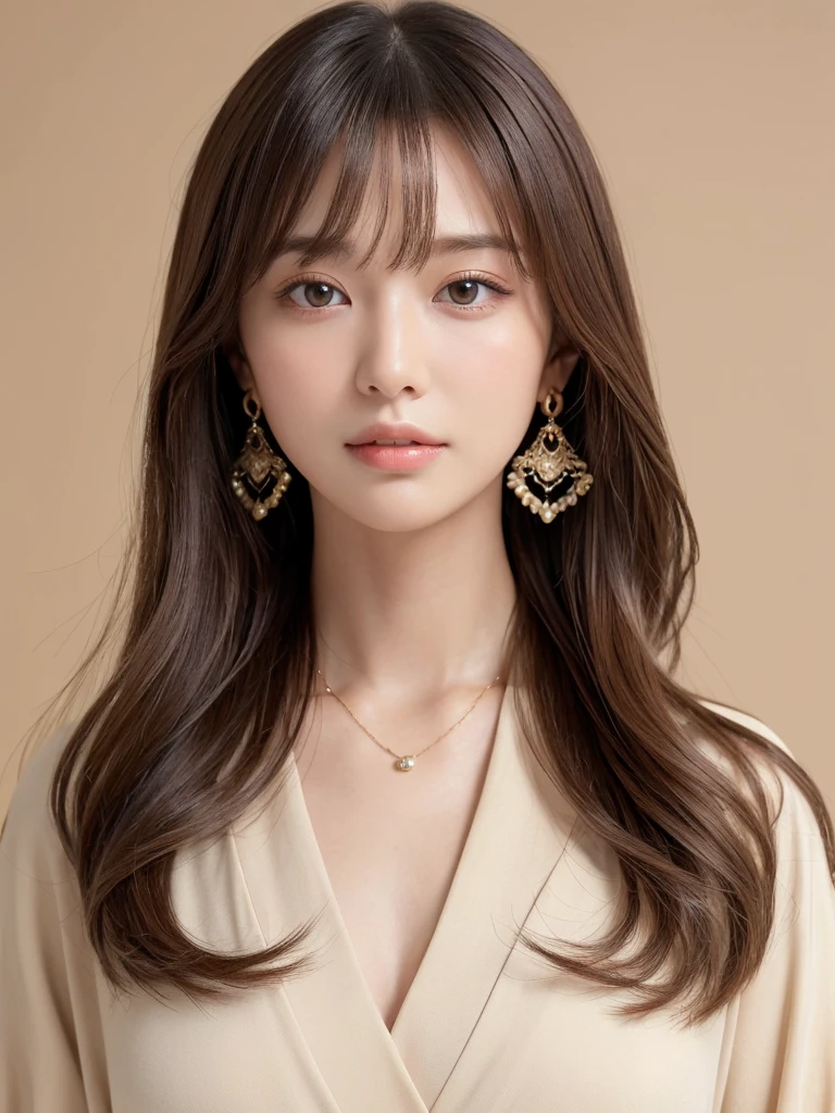 ((Highest quality, 8k, masterpiece:1.3)), concentrate: 1.2, Perfect body beauty: 1.4, Hips: 1.2, ((Long Hair, chest: 1.2)), (Dry clothes: 1.1) , (clear, Simple Background:1.3), Simple clothes: 1.1, Highly detailed face and skin texture,Delicate eyes, double eyelid, Whitened skin, Rough skin、Long Hair、bangs、Simple earrings、necklace、 solo、Beige coat、White shirt, (((Cute and beautiful Japan)))、 ((Beautiful 20-year-old Japanese))、 ((Baby Face))、 (((Slender body)))、 Upper Body,Face focus、necklace,Simple Background,From above, Realistic Hair、 A photograph was taken:Canon EOS R6、135mm、1/1250 seconds、f2.8、ISO400、(Detailed explanation of the hand)、(Masseter muscle area)、(Exquisite CG)、Long Hair, loose and curly hair、Korean Hair、Long Hair明るいベージュ色、グラデーションハイライトグレージュのゆるふわLong Hairスタイル、