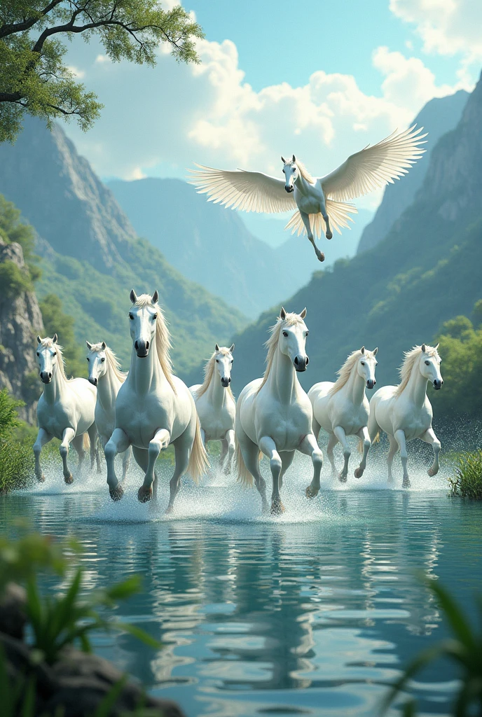 White seven Pegasus running together around a water body