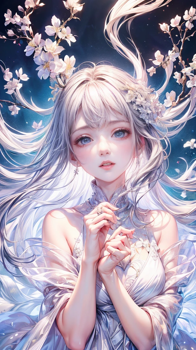 (Highest quality, 8k, CG, Beautiful and exquisite upper body, , Thumb Girl, Transparent coat dress, Floral Background, Complex facial features, length, Floating Hair, Almond Eye, Exquisite eye makeup, length eyelashes fluttering, Blinking big eyes, Starry Sky, Delicate lip detail, Soft and harmonious style)
