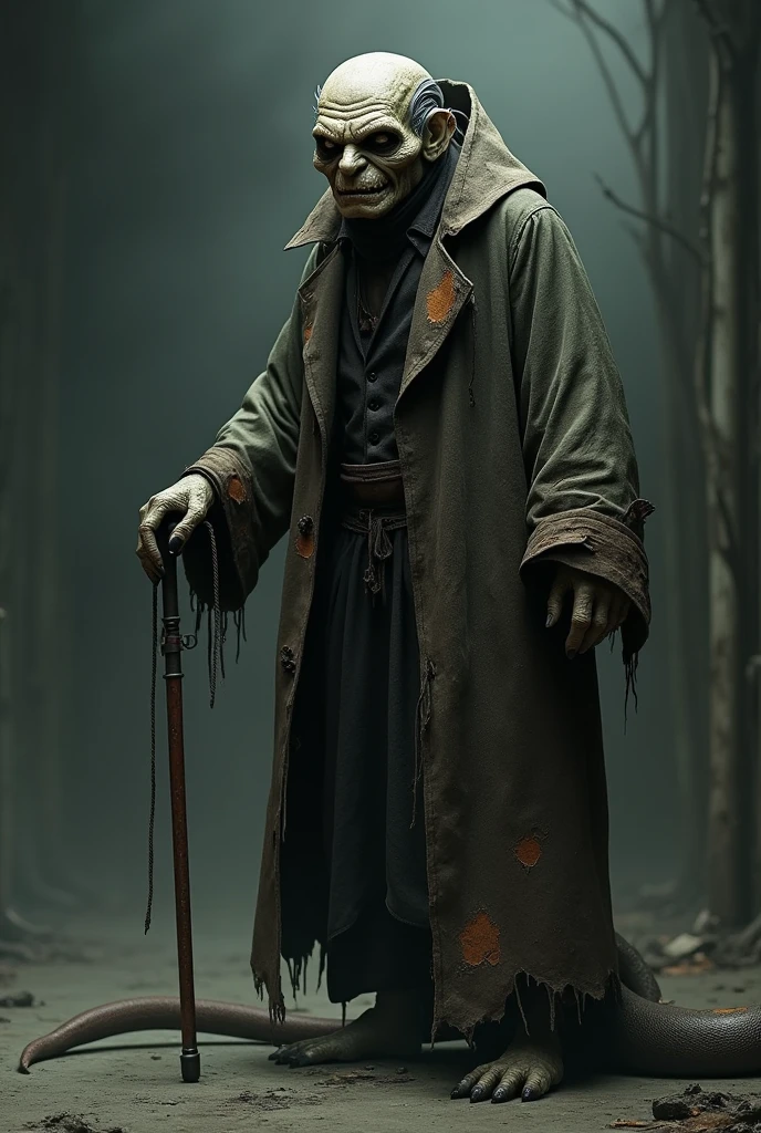 Humanoid snake, with cane in left hand, long tail, torn and dirty coat, with signs of old age, evil smile, and dark environment