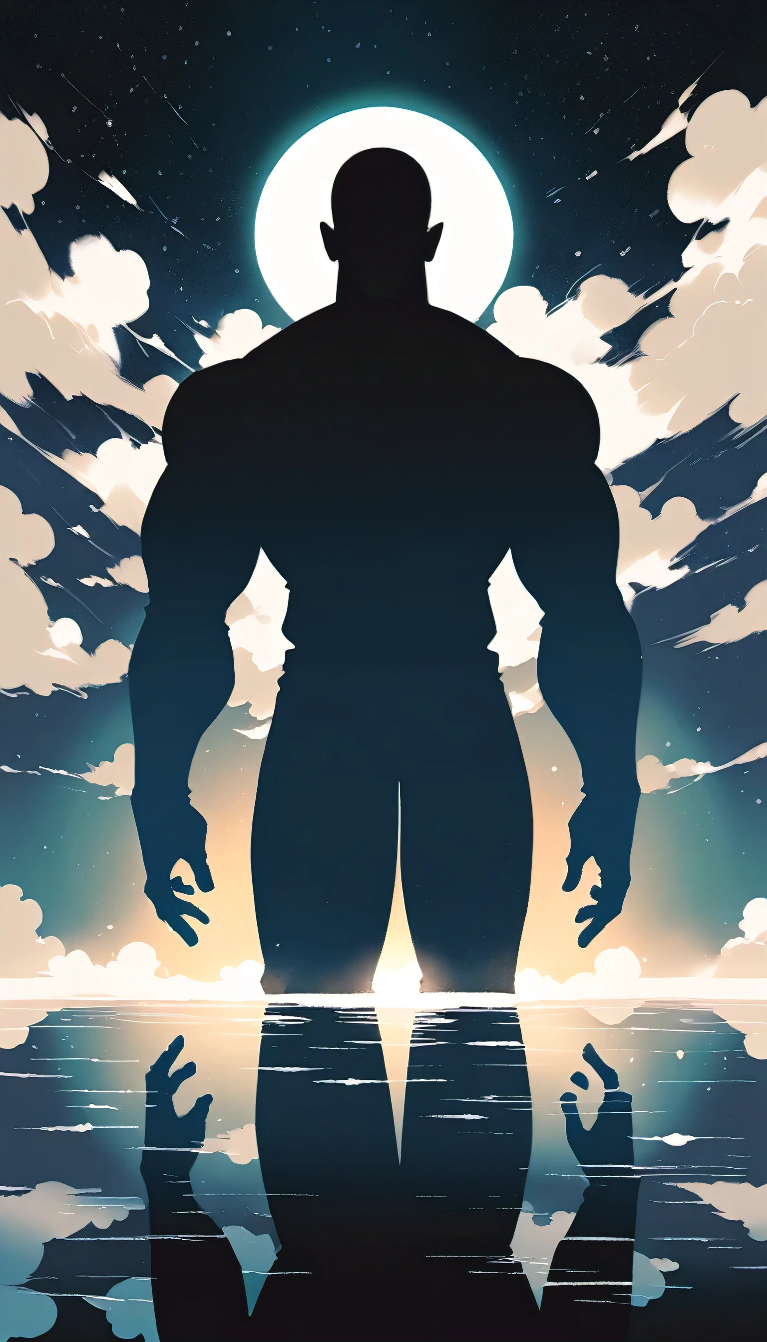 A Strong Buddhist muscular man stands in the smoke, Black jumpsuit, Very tight, Silhouette effect, Tall muscular man, Priapus, Dark Black, Dark black skin, Buzz Cut, His muscles are very developed, Very tall, short hair, Blend into the smoke, Lake, Reflection, Stars, moonlight, Big Moon, Man silhouette, Chinese, black and white, Simple style