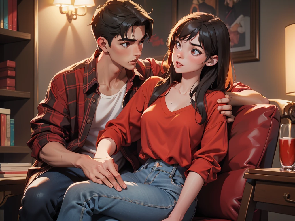 Young sexy girl wearing a red dress sitting on lap of young boy wearing a red and black flannel shirt and jeans who is sitting on a chair, kissing, making out, passionately, dim lighting, sexy, hot, lustful