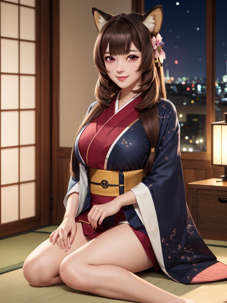 (Best quality), (extremely detailed CG Unity 8k wallpaper), (very detailed), ((absurdity)), Detailed beautiful eyes,
Raphtalia, Red eyes, black hair, fox tail, fox ears, 1 girl, Wearing kimono, red kimono, big breast,smile,Sitting in bed, at night, Japanese house