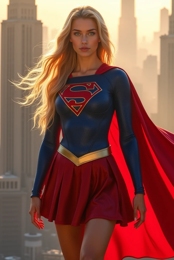 (Supergirl:1.5) (long flowing blonde hair:1.3), blue eyes, detailed eyes, detailed lips, (sensual,heroic, full body:1.5), (majestic locations at dawn with mist and sunlight, futuristic cityscape:1.3), dawn photo, (photo from many different angles:1.5), red and blue costume with ‘S’ symbol, red cape flowing in the wind, golden belt, red boots, skirt version of the costume, ray tracing, (best quality, 4k, 8k, highres, masterpiece:1.2), ultra-detailed, (realistic, photorealistic, photo-realistic:1.37), HDR, UHD, masterpiece, professional, vivid colors, bokeh, studio lighting”.A youthful girl, around 1, with an athletic build and a strong yet graceful physique. She has a toned, muscular body that reflects her superhuman strength. Hair: Long, flowing blonde hair that cascades down her back, adding to her vibrant and heroic appearance. The hair should have a natural shine and slight waves. Eyes: Striking blue eyes that convey determination and kindness. The eyes should be detailed, with a slight sparkle to reflect her hopeful nature. Lips: Detailed and full, often with a natural or slightly glossy look. Red and Blue Costume: A form-fitting blue bodice with the iconic red and yellow “S” symbol on her chest, symbolizing hope. The costume should be designed to be both functional and stylish, highlighting her athletic build. A flowing red cape that billows in the wind, adding a dynamic and heroic element to her appearance. The cape should have a slight texture to show movement. A golden belt that cinches at her waist, adding a touch of elegance to her costume. The belt should have intricate designs that reflect her Kryptonian heritage. Knee-high red boots that are both practical and stylish, completing her iconic look. The boots should have a slight shine and detailed stitching. A short, blue skirt adorned with white stars, adding a classic and feminine touch to her outfit. The background features a futuristic cityscape bathed in the soft light of dawn