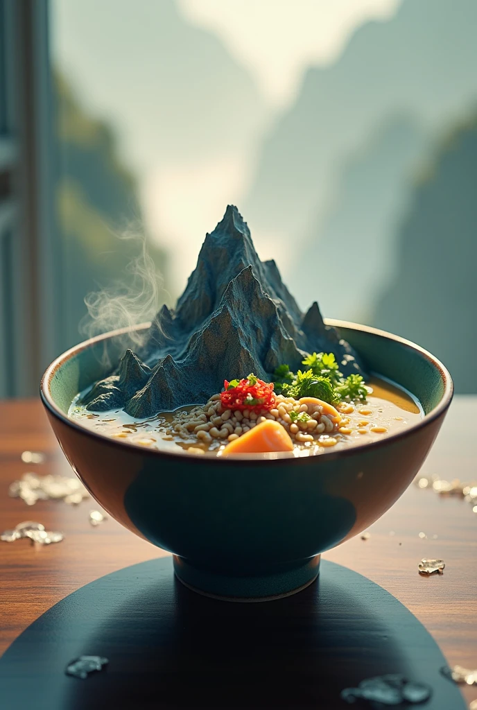 Generate an aesthetic logo image of mountain into ramen bowl