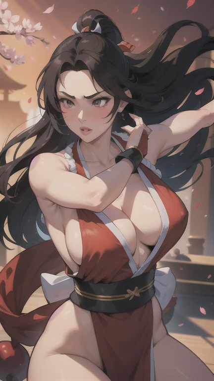 a beautiful young woman with long dark hair, Mai Shiranui, large breasts, detailed facial features, detailed eyes and lips, elegant martial arts pose, red and black outfit, dynamic action scene, cherry blossom petals, highly detailed, 8k, photorealistic, dramatic lighting, vibrant colors, cinematic composition