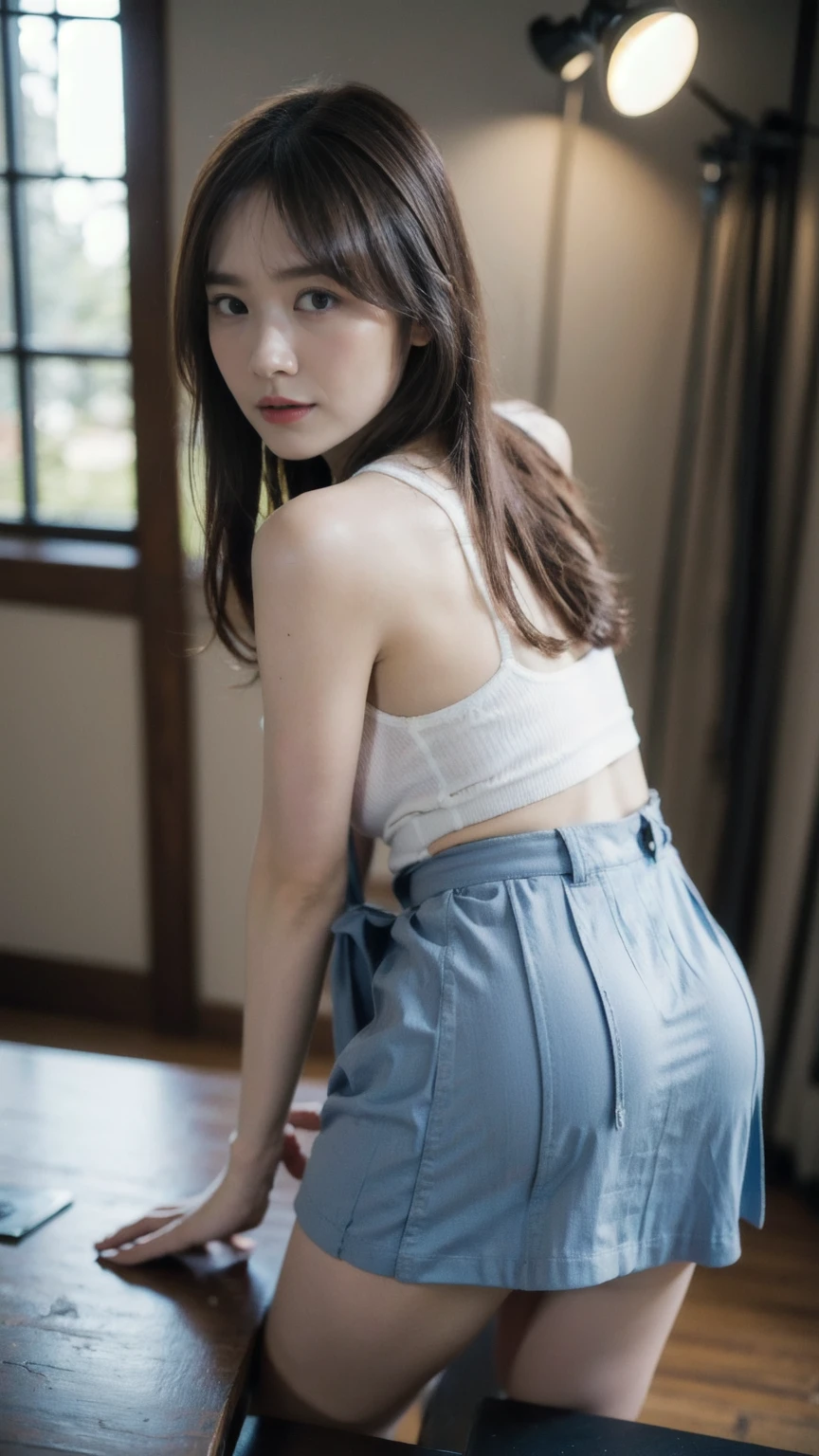 ((1girl)), woman, masterpiece, best quality, highest quality, cinematic lighting, (volumetric lighting), extremely detailed CG unity 8k wallpaper, focused, 8k wallpaper, extremely detailed, ultra realistic, photorealistic, sharp focus, absurdres, (HDR:1.2), (high contrast), photograph, detailed and intricate, instagram, portrait, highly detailed, digital painting, artstation, concept art, smooth, sharp focus, illustration, cinematic lighting, (big breast:1.3), (((skinny, slim legs))), (japanese idol posture), (wearing knit strap tanktop, mini skirt, open shoulder), looking at the viewer, ((Medium body shot, hip level shot)), long hair, ((looking back over shoulder)), pale skin, bent over