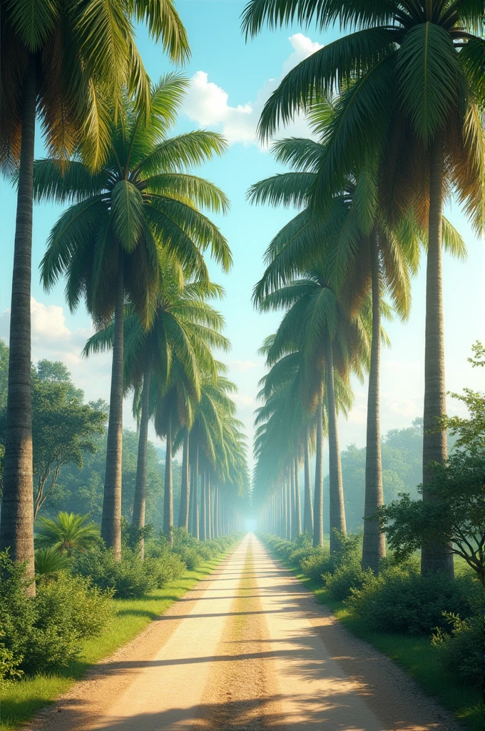 Village road with royal palm trees
