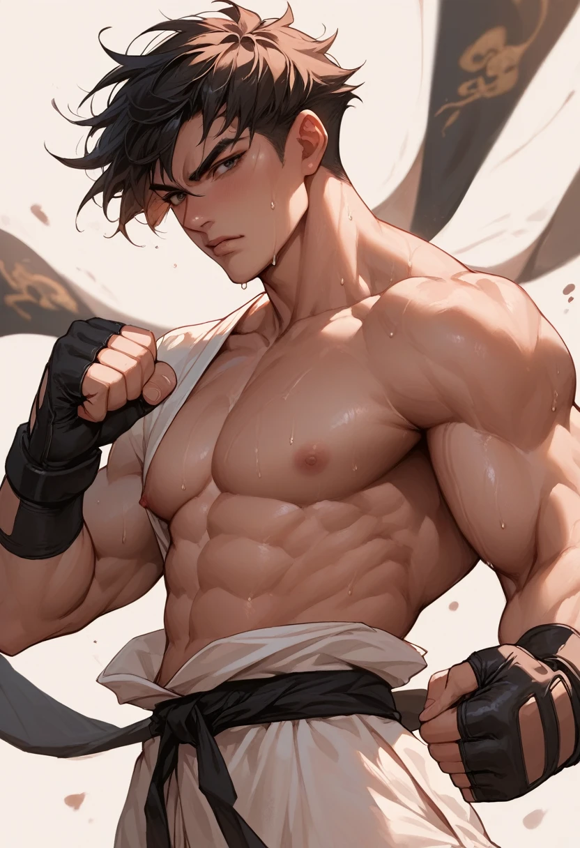 martial arts,Uniform,Black belt,sexy, Sweat,muscle, Upper body naked,