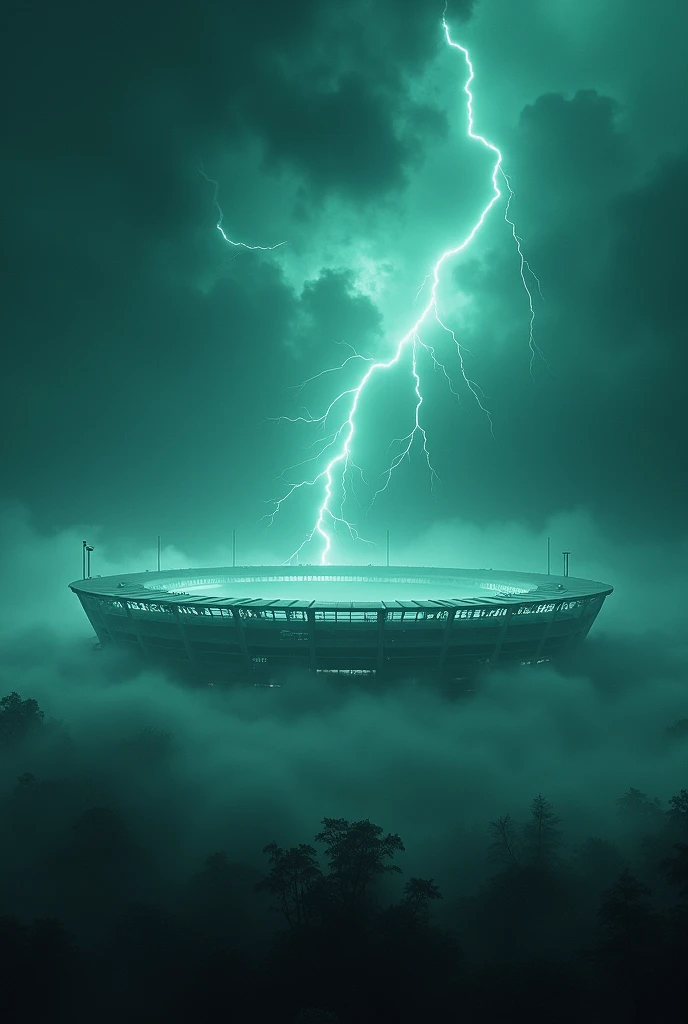 football stadium with a cloudy sky with scary green clouds, Hyperrealism, High quality, Highly detailed, Ultra detailed, lightning and fog
