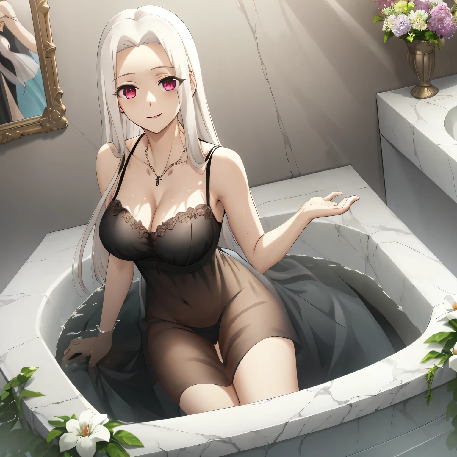 Irisviel,black sheer dress sleeveless,solo,looking at viewer,beautiful smile,arm at side,middle size of breast,beautiful necklace,in beautiful bathroom,wet dress,water water with flowers