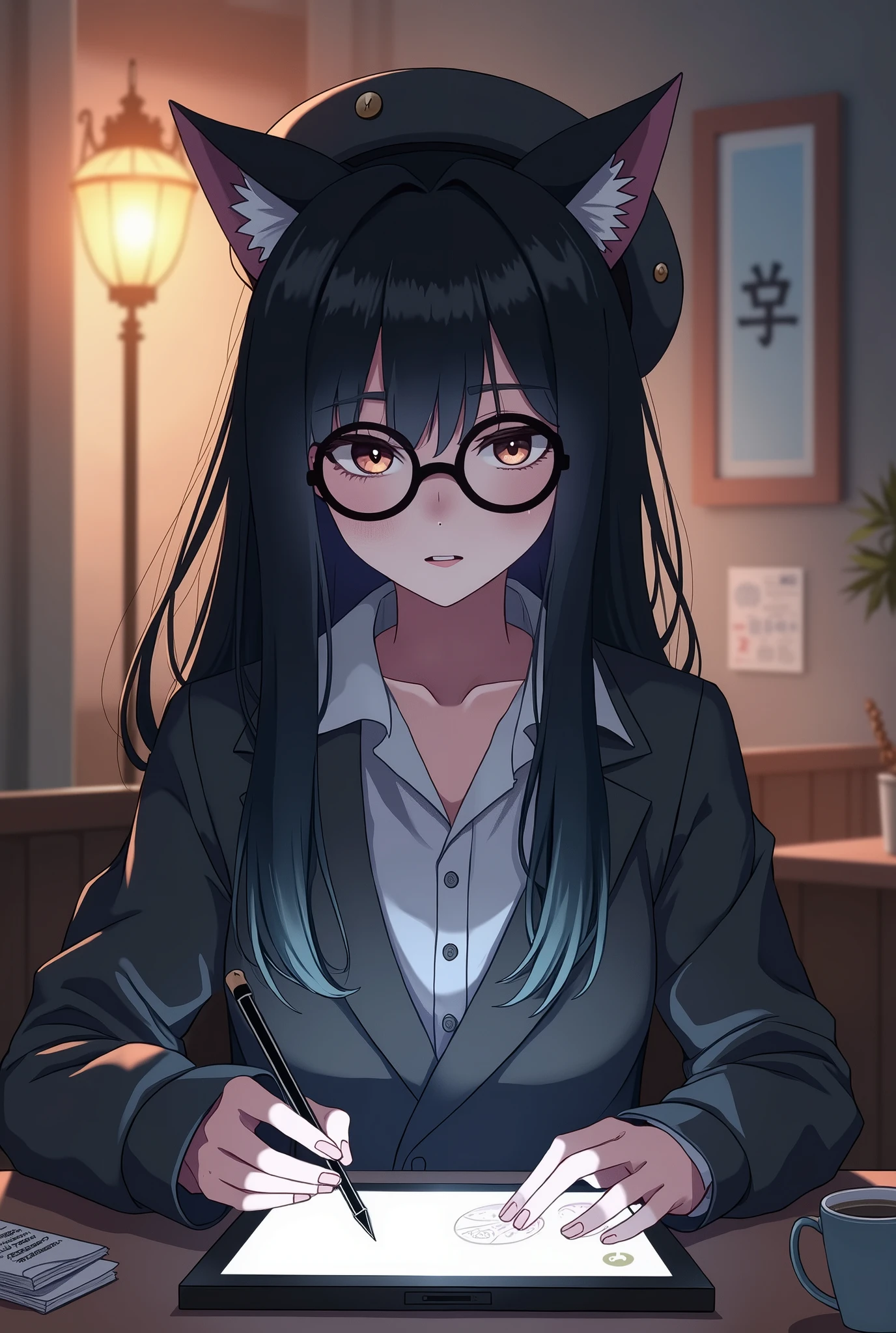 anime style, from girls frontline, fine details. girls frontline, girls frontline universe, girls frontline style, girls frontline, girls frontline cg, 2 0 2 2 anime style, (anime girl with black hair and round circle glasses:1.2), with a pencil and a berret hat on her head, (holding a drawing tablet:1.1), anime girl sitting at a table with a tablet computer in her hand, mysterious coffee shop girl, anime visual of a cute girl, artwork in the style of guweiz, anime girl with cat ears, in anime style, soft anime illustration,