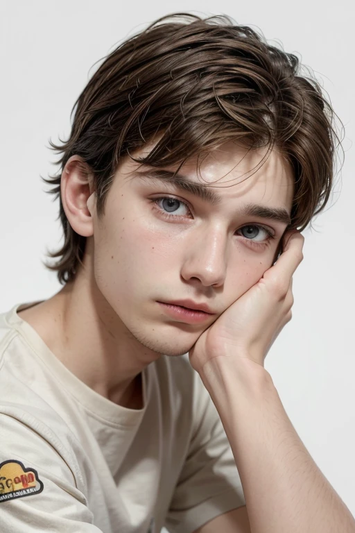 Sad 20 year old young man, on a white background, with a beige shirt with a sad emoji printed on it, with several colorful stickers stuck on the face, with brown hair, with his hand resting on his face, head down.